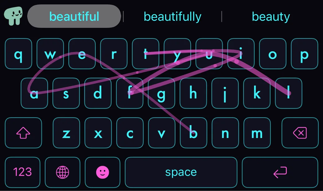 A swipe trail drawn across the Neon keyboard, with “beautiful” highlighted in the suggestion bar, then “beautifully” and “beauty”.